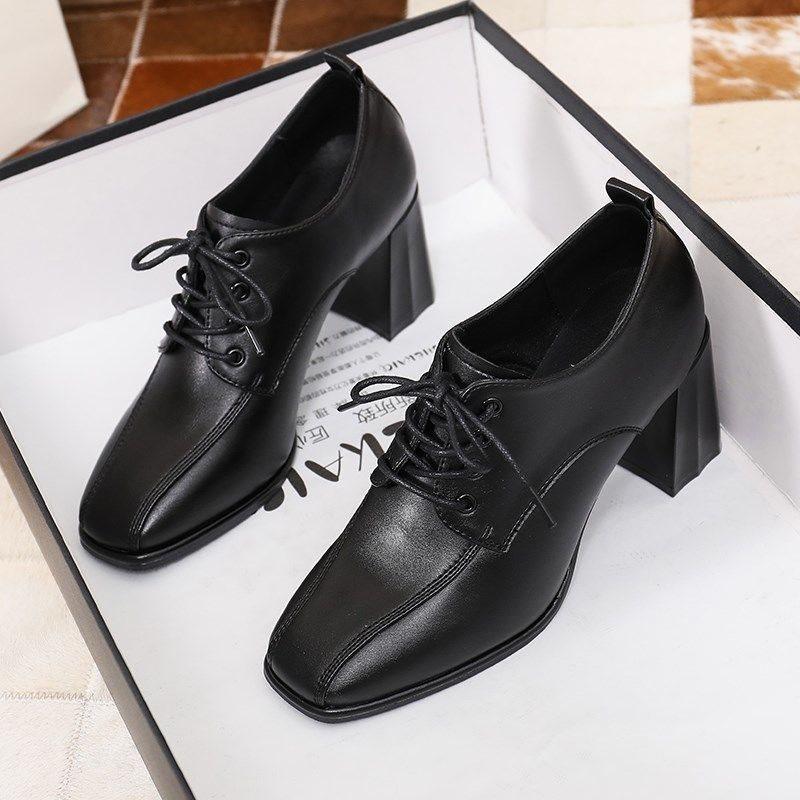 Small leather shoes style spring new square head thick heel high heels fashion lace-up versatile deep mouth single shoes