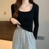 Small Bottoming Shirt Women's Shoulder Square Neck Long-sleeved T-shirt Spring Simple Inner Short Top