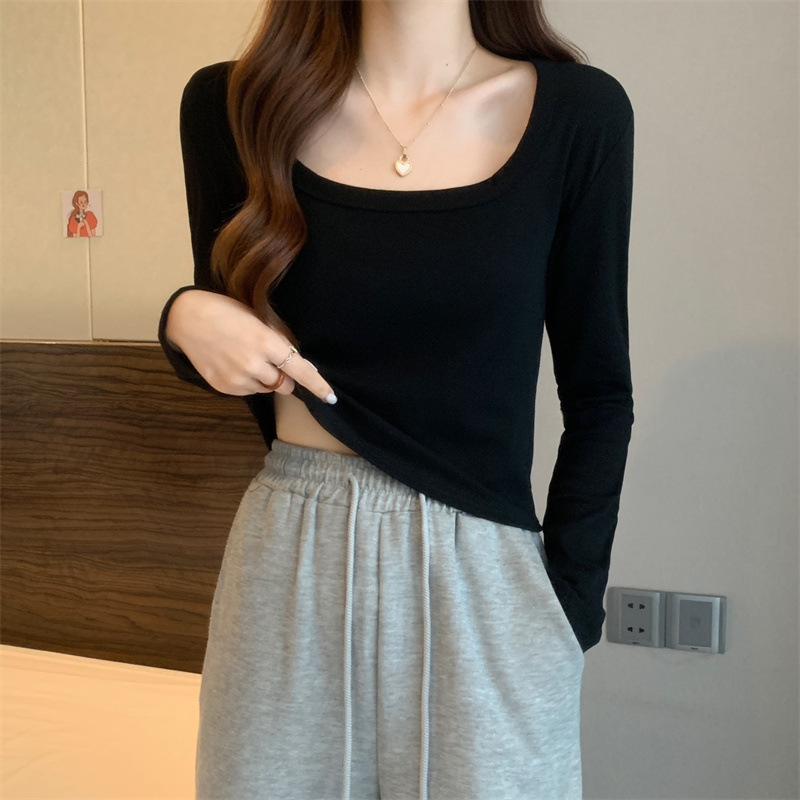 Small Bottoming Shirt Women's Shoulder Square Neck Long-sleeved T-shirt Spring Simple Inner Short Top