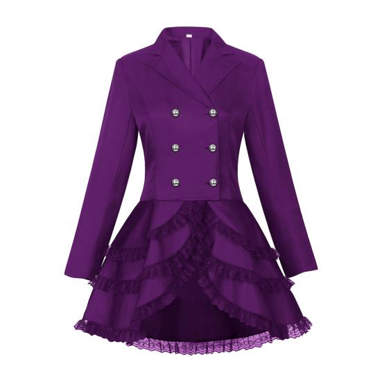 Women Double Breasted Victorian Steampunk Blazer Coat Gothic Tuxedo Tailcoat Jacket with Lace Hem Halloween Wedding Uniform Costume