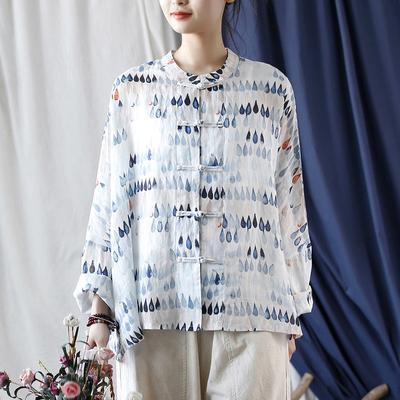 Women Chinese Style Ramie Shirts Chinese Style Print Floral Blouses Autumn Long Sleeve Button Women Shirts