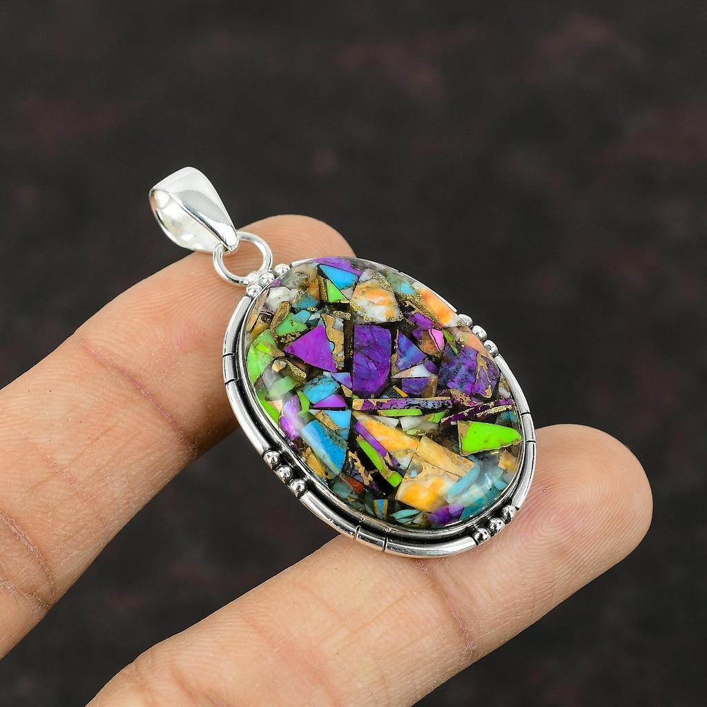 Fiesta Kingman Türkis-Anhänger, handgefertigter Schmuck, 925er Sterlingsilber-Anhänger, Multi-Kupfer-Türkis-Anhänger, echter Edelstein-Anhänger als Geschenk