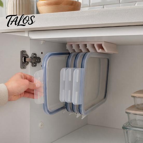Ventilated Lid Storage Rack Crisper Rack, with 5-Slot Partition, Adhesive Wall Mount Anti-Mold Mold Resistant Holder Hanger, Space Saving Organizer