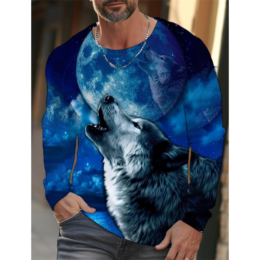 Long-sleeve 3D printed wolf pattern stylish T-shirt, men's street casual, round-neck trendy T-shirt