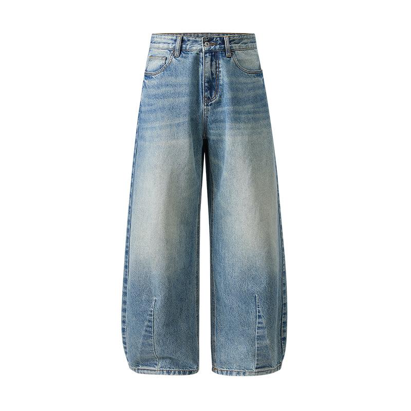 High-end Cotton Scimitar Jeans Men's Spring Retro Washed Cat Beard Wide-leg Casual Pants Trendy High Street Trousers
