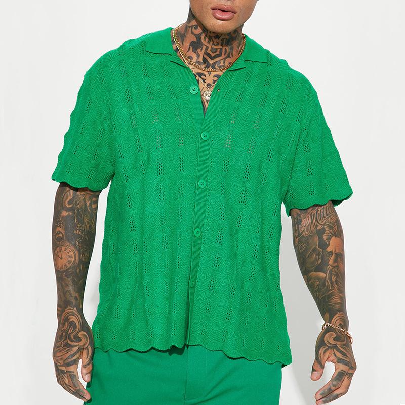 Mens Casual Solid Color Hollow Out Knit Short Sleeve Shirt S зелёный