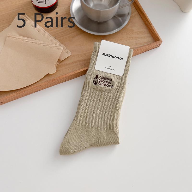 5 Pairs of Women's Fashionable Retro Embroidered Personalized Letter Cotton Mid Top Stack Socks