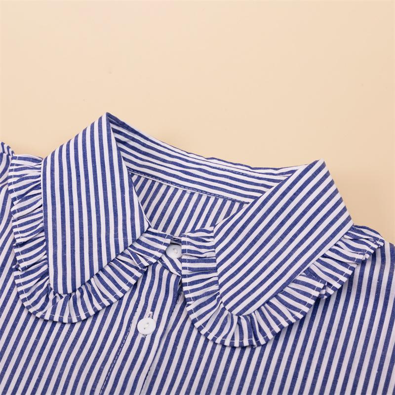 LHY Striped Fake Collar Blue White Pleated Blouse Half Shirt Dickey Korean Style Office Wear Cotton Decoration Collar