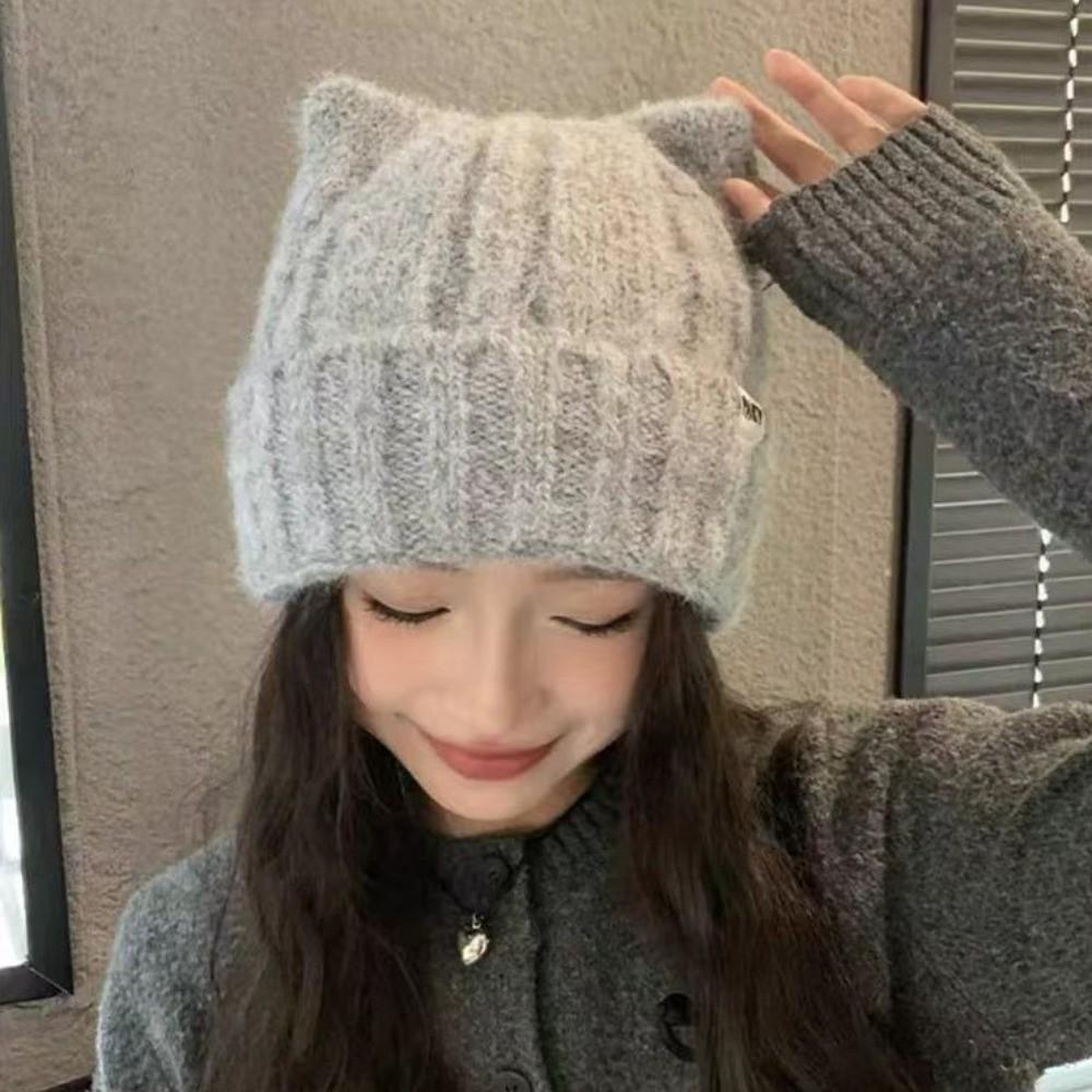 Windproof Knitted Pullover Hat Wool Women Beanie Hats Cute Cat Ears Hat  Female