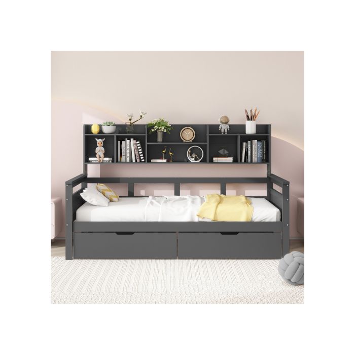 Canapé-lit - MUVOE - 90x200 Cm - Bois Massif - Tiroirs De Rangement - Gris Élégant