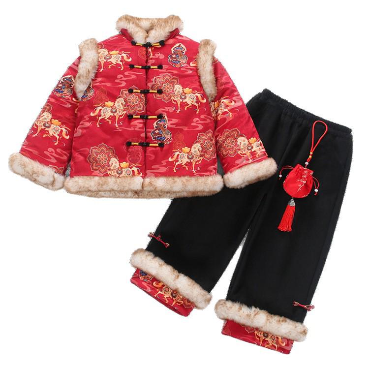 Plus Velvet Girls' New Year Tang Suit - Winter 2025 Two-Piece Set, Children's Chinese Style Outfit