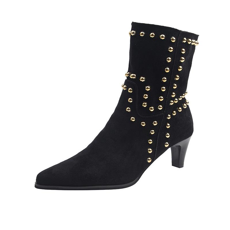 2025 Autumn New Style Rivet Pointed-Toe Mid-Heel Fashion Boots - Suede Sleeve Mid-Calf Boots