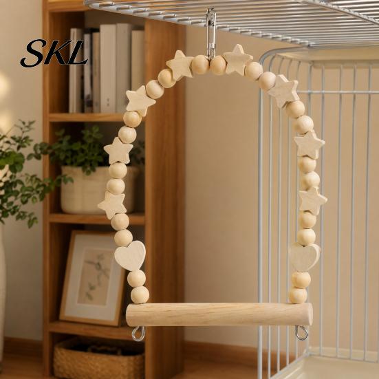 Parrot Climbing Toy Swing Perch, Solid Wood Perch Pole, Wooden Blocks And Beads Arch, Unpainted Bird for Small Medium Parrots with