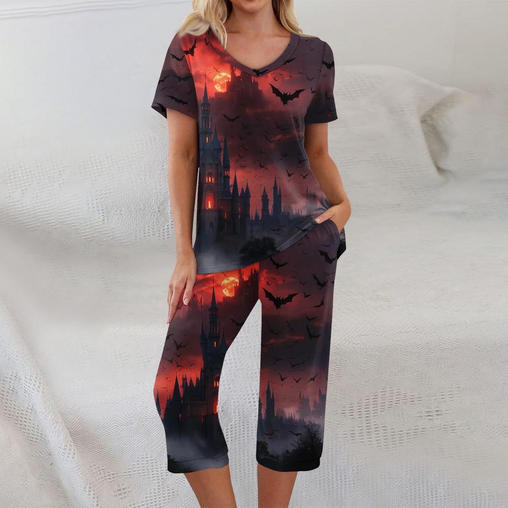 2 Piece Sets For Women Short Sleeve Top And Pants With Pockets Workout Soft Halloween Print Sets