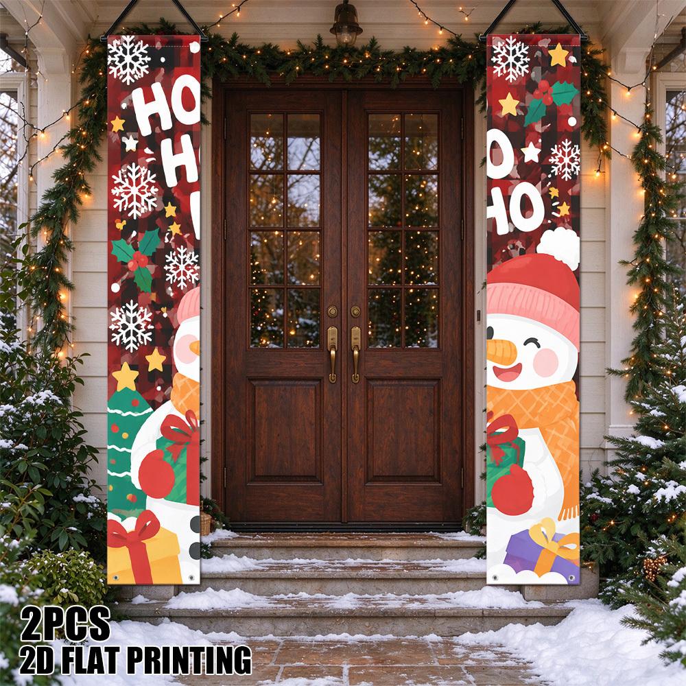 2D Flat, 2pcs 2D Flat Printing Snowman Winter Themed Couplets - Ornate Suitable for Christmas & Winter Door Decorations, Hanging Panels for Indoor/Out