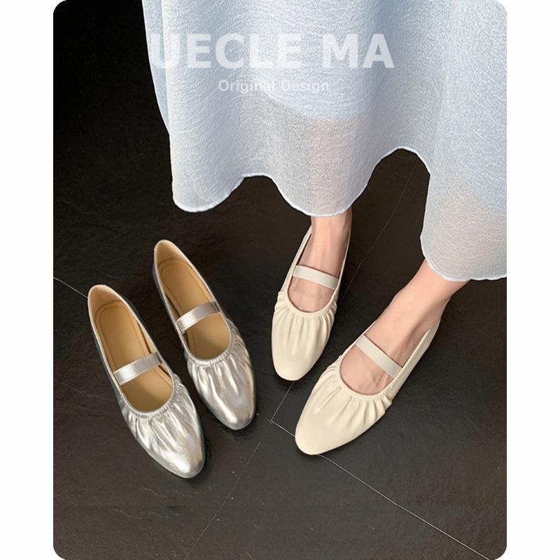 Sheepskin~ Soft-soled Ballet Shoes Single Shoes Women's Silver with Skirt Gentle Wind Evening Shoes Flat Mary Jane Shoes