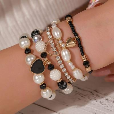 Lot de 5 bracelets perles Bohème pour femmes Accessoire de poignet quotidien Décontracté Ensemble Charme Cœur d'Amour Empilables