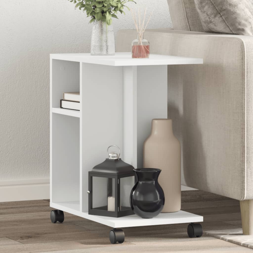 Mobile Side Table with Wheels, Open Storage System Suitable for Living Room, Bedroom, and Bathroom, White 50x30x55 Cm