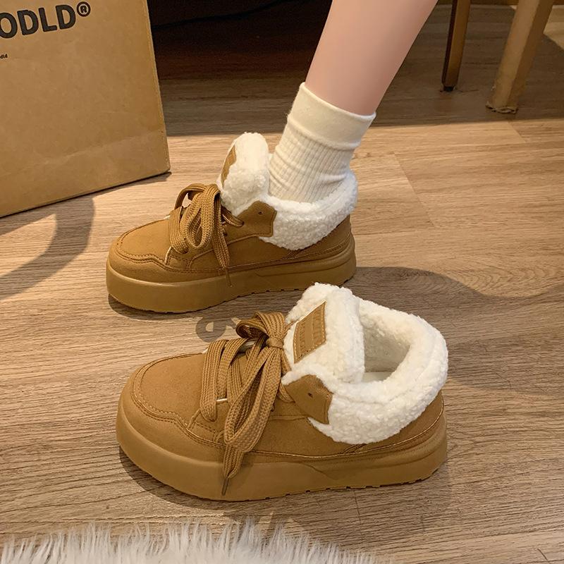 Platform Lace-Up Plush Cotton Shoes Women's Winter Outdoor Faux Fur Lined Thickened Anti-Slip Low Top Snow Boots Casual Sneakers