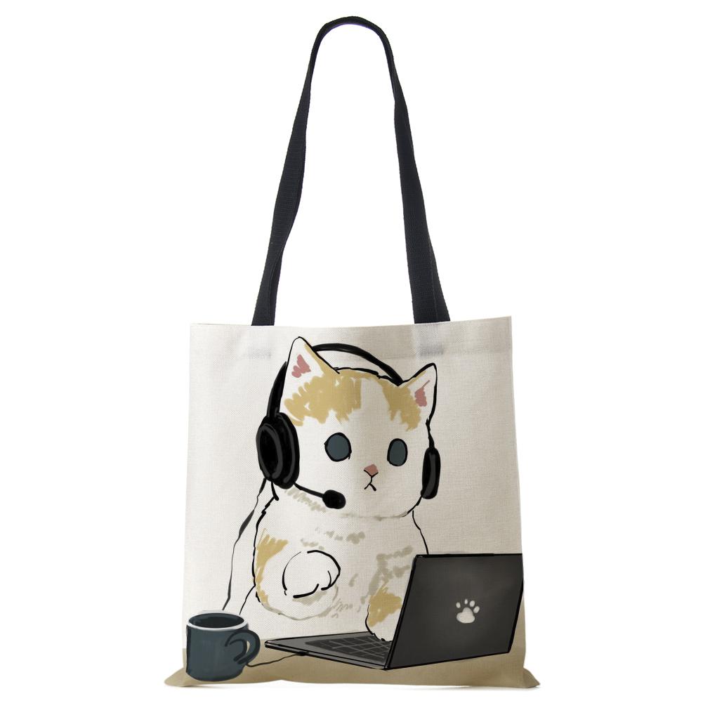Cat Cartoon Canvas Shoulder Bag Women Print Harajuku Casual Shopping Tote Bag Reusable Large Capacity Folding Handbag CLE
