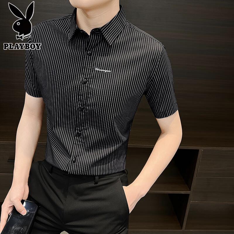 PLAYBOY Men s Striped Ice Silk Short Sleeve Shirt M