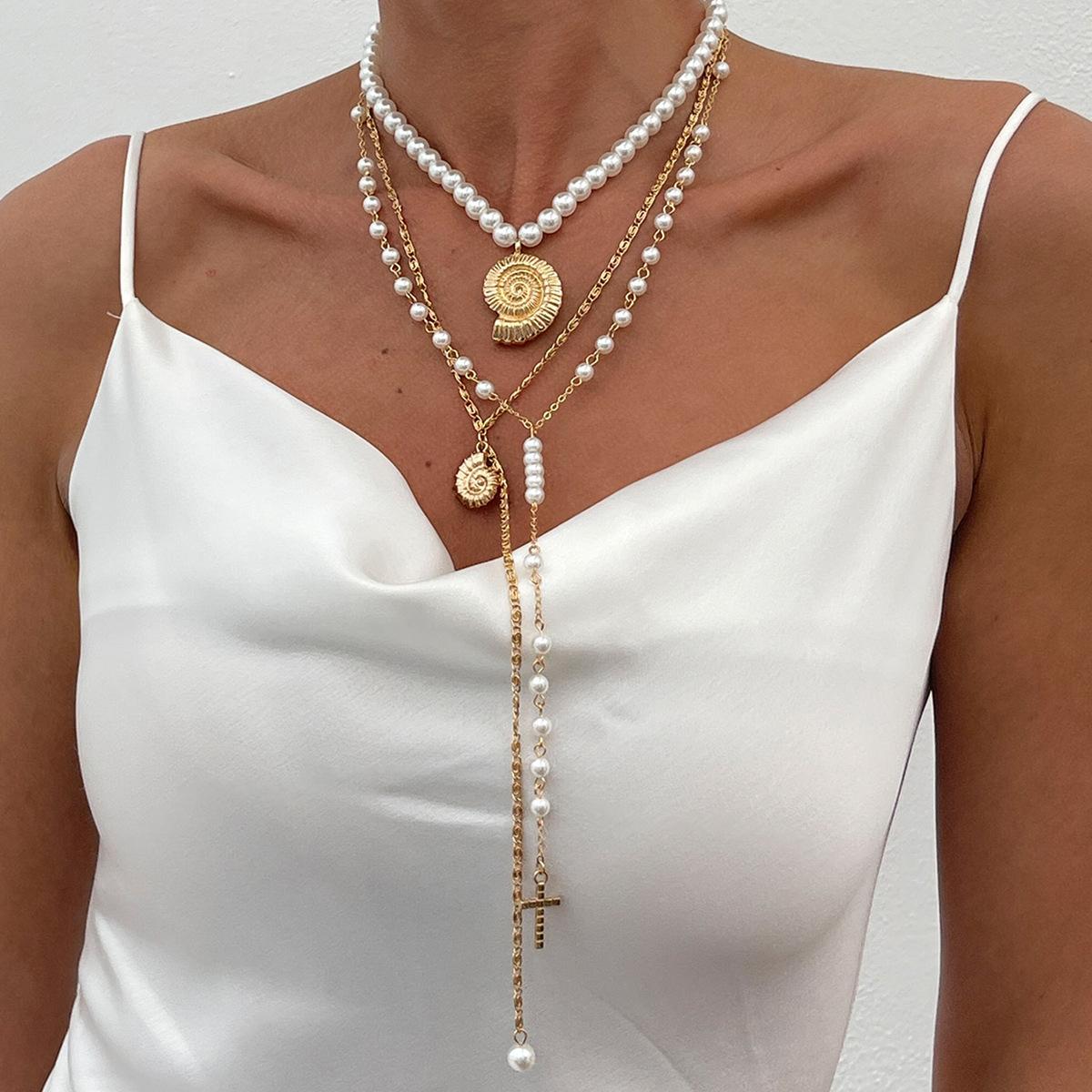Wind Conch Cross Pendant Collarbone Necklace, Beach Vacation Wind Imitation Pearl Beaded Necklace