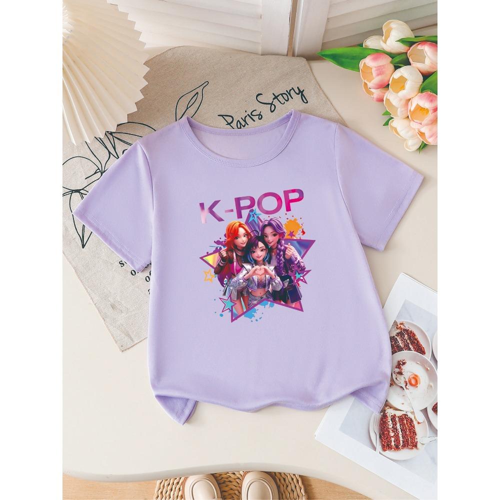 Girls K-POP Idol Group Print Short Sleeve T-Shirt Cute Cartoon Graphic Tee Kids Summer Casual Top