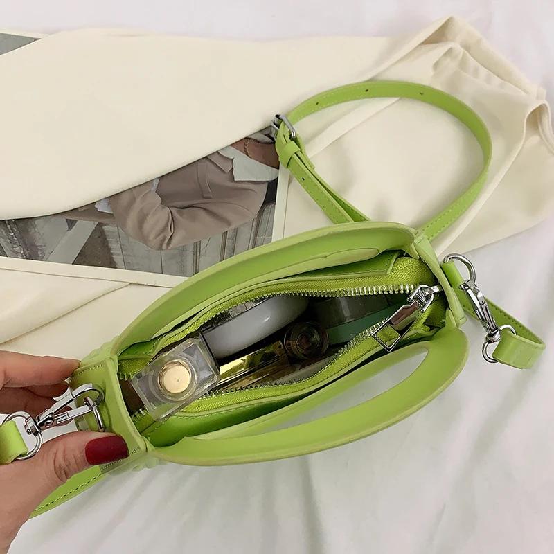 Half Moon Small Shoulder Bag For Women  Spring New Green Purple Handbags Pleated Design Pu Leather Crossbody Round Hand Bag