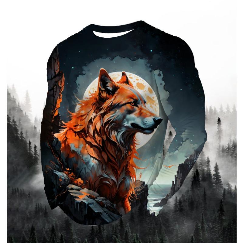 

2024 мужская мода принт круглый вырез длинный рукав вечерние осенние спортивные повседневные пуловеры мужские 3d одинокий волк синий принт топы 5XL