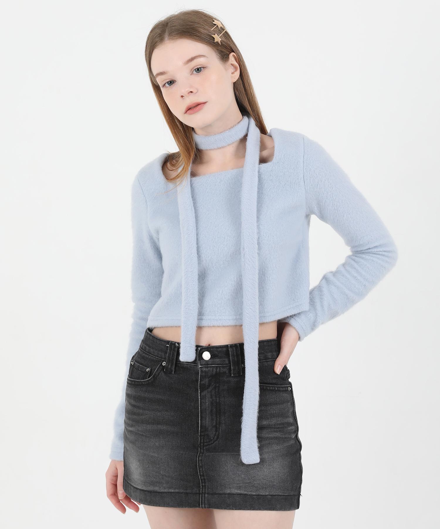Kathrin Square Neck Fur Knit T-Shirt & Scarf Set (Sky Blue) Skyblue