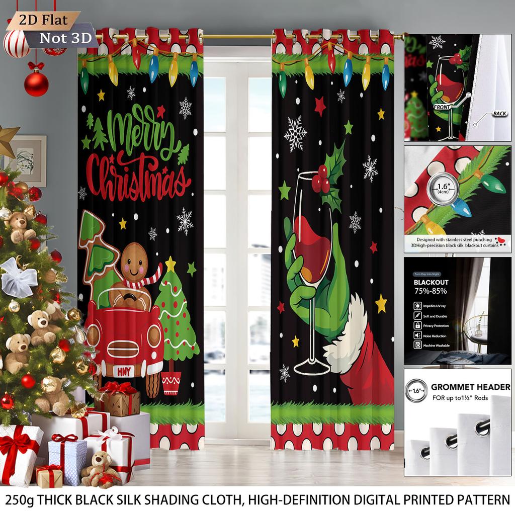 Merry Christmas Printed Perforated Curtains Multiple Sizes Living Room Insulation Holiday Decoration Light Blocking Set Of 2 Made Polyester Area Decor