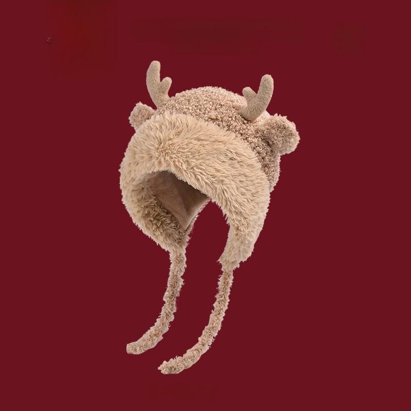 

Winter Wool Beanie With Reindeer Antlers For Girls And Teens хакі