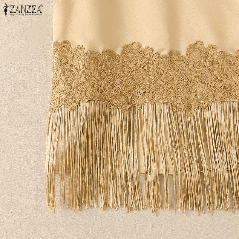 ZANZEA Women Casual Round Neck Lace Tassel Splice Loose Sleeveless Tank Tops