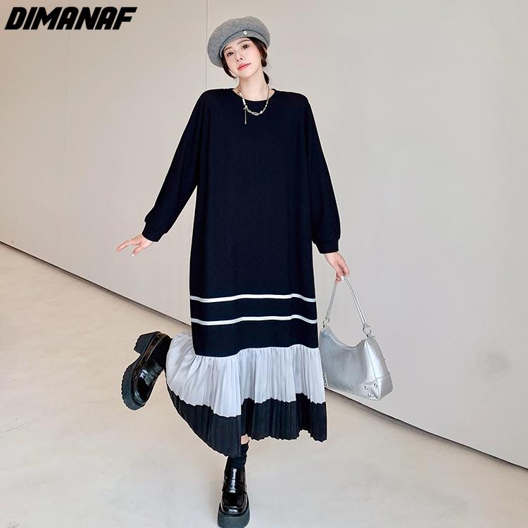 DIMANAF 2023 Plus Größe Frauen Herbst Winter Neue Lose Langarm Kleid Baumwolle Stricken Dicke Verstärktes Gefaltetes Hemd Kleid