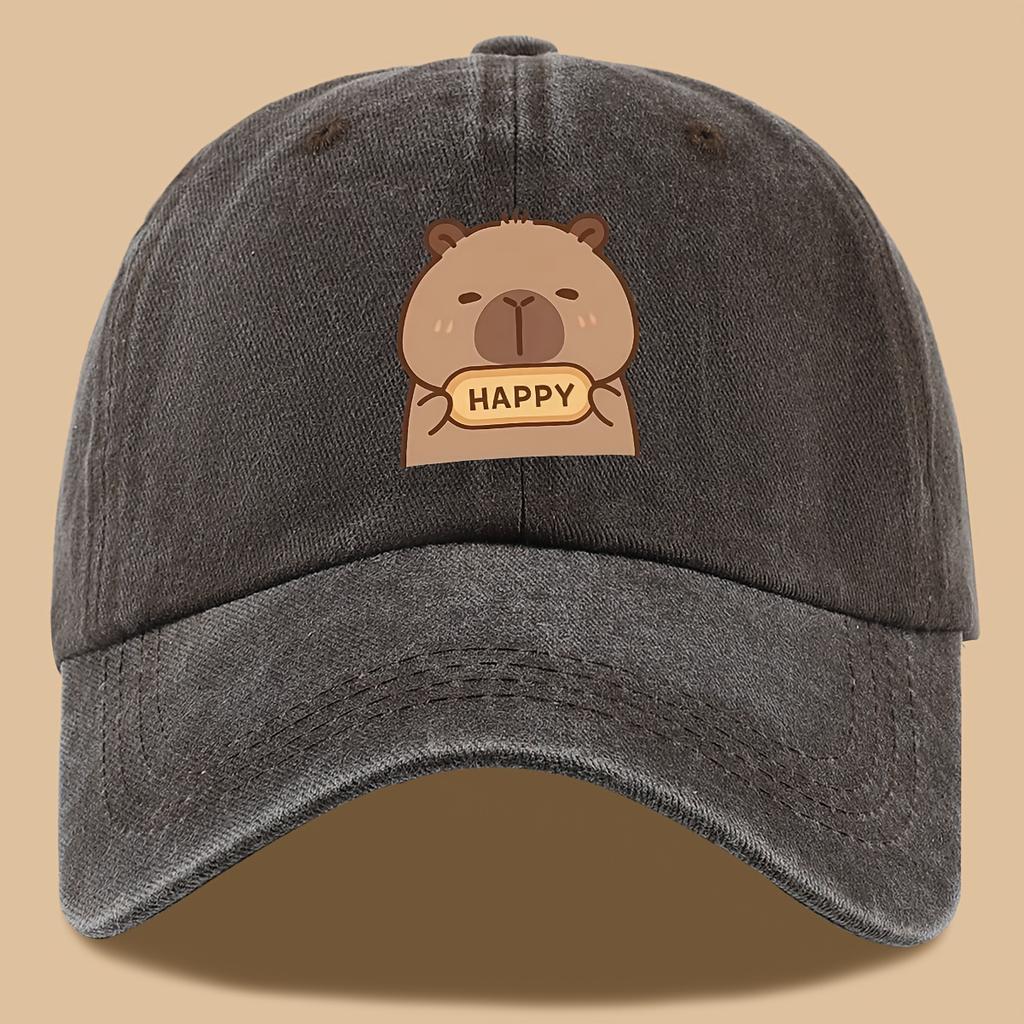 pc Capybara Happy Print Trucker Hat  Vintage Washed Adjustable Baseball Cap Breathable Unisex Outdoor Sun Hat with Cute Carto