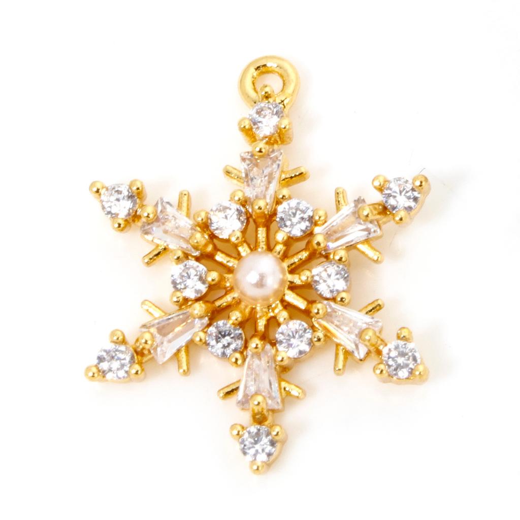 1 Piece Brass Christmas Charms 18K Gold Plated Christmas Snowflake Clear Cubic Zirconia Pendants For DIY Jewelry Making Findings