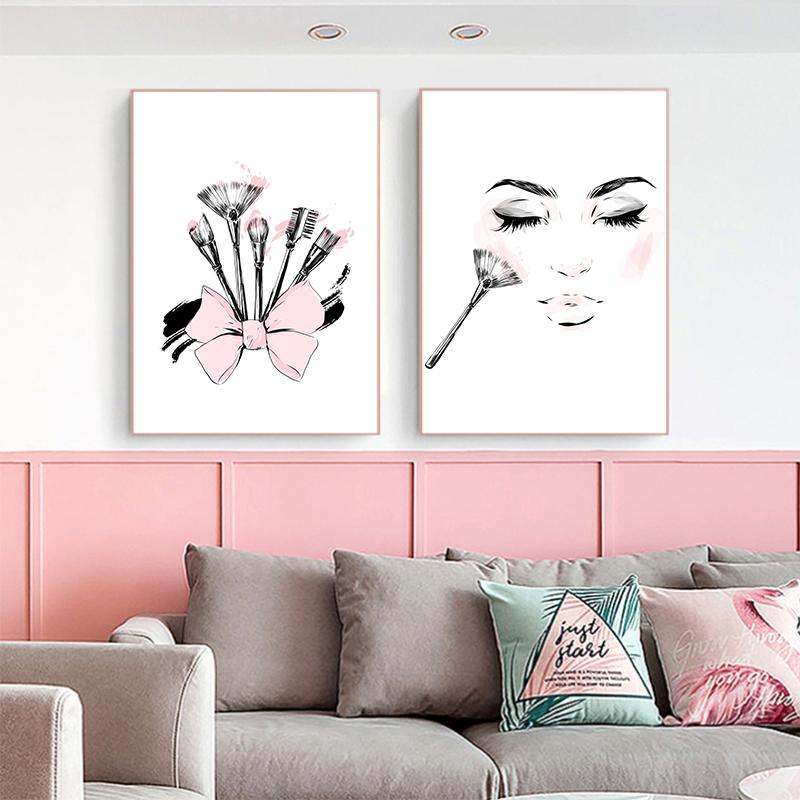 Mode Schönheit Make-up Pinsel Poster Wand Kunstdrucke moderne rosa Schleife Leinwand Malerei Bilder für Mädchen Schlafzimmer Home Dekoration