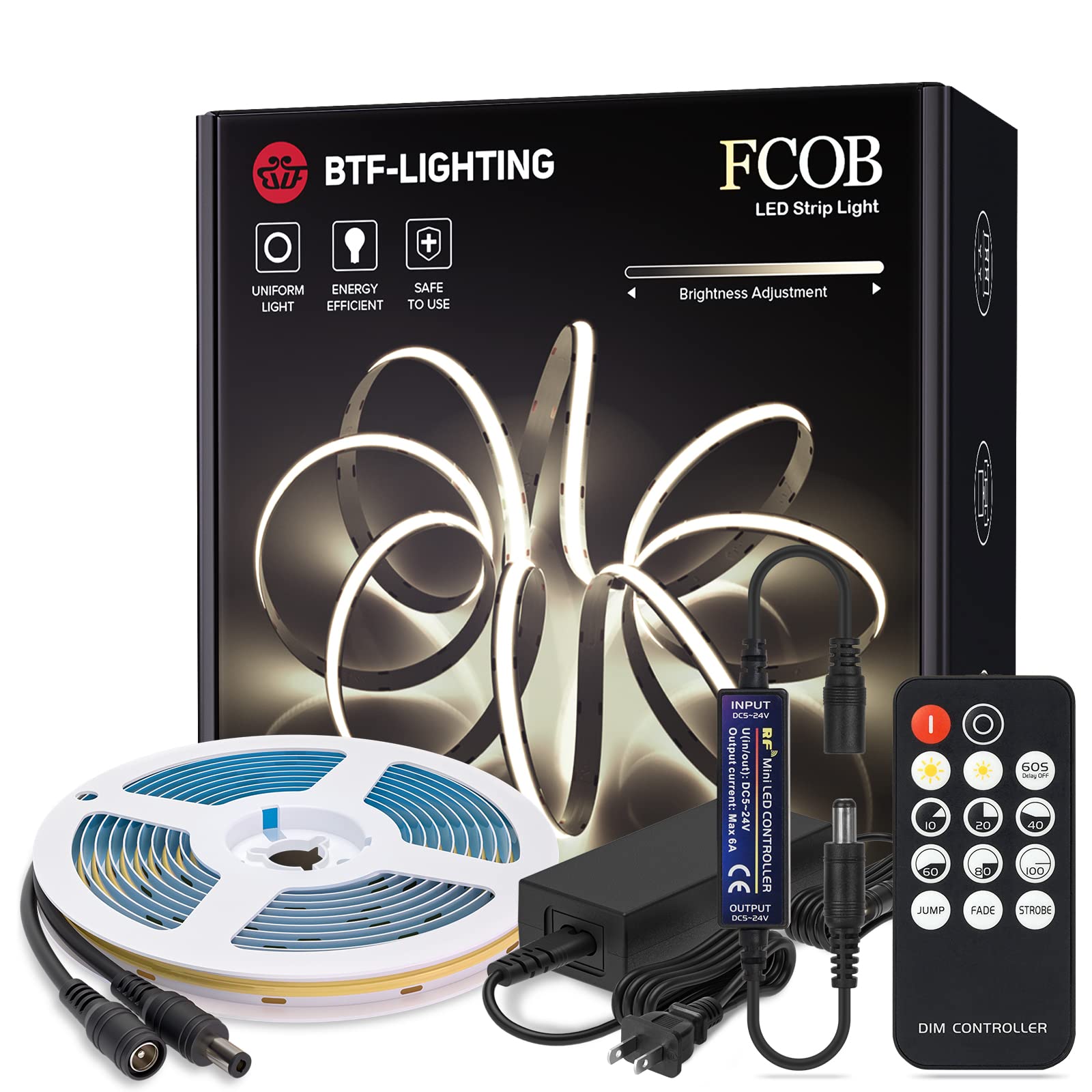 

BTF-LIGHTING FCOB COB LED Strip Light, High-Density Flexible LED Strip Light, 5M, 336 LEDsm, Daylight White 4000K, 8mm Width, RF Dimmer Controller,