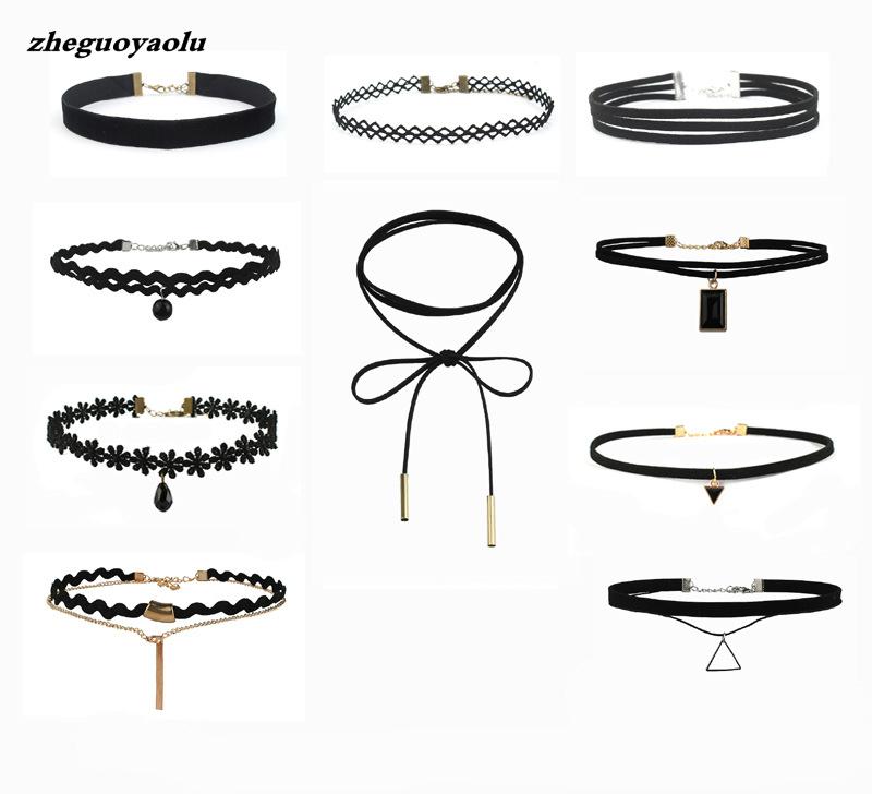 Best Offer 10 Pieces Women Black Rope Choker Necklace Set Velvet Stretch Classic Gothic Lace Choker Chain 1 Set