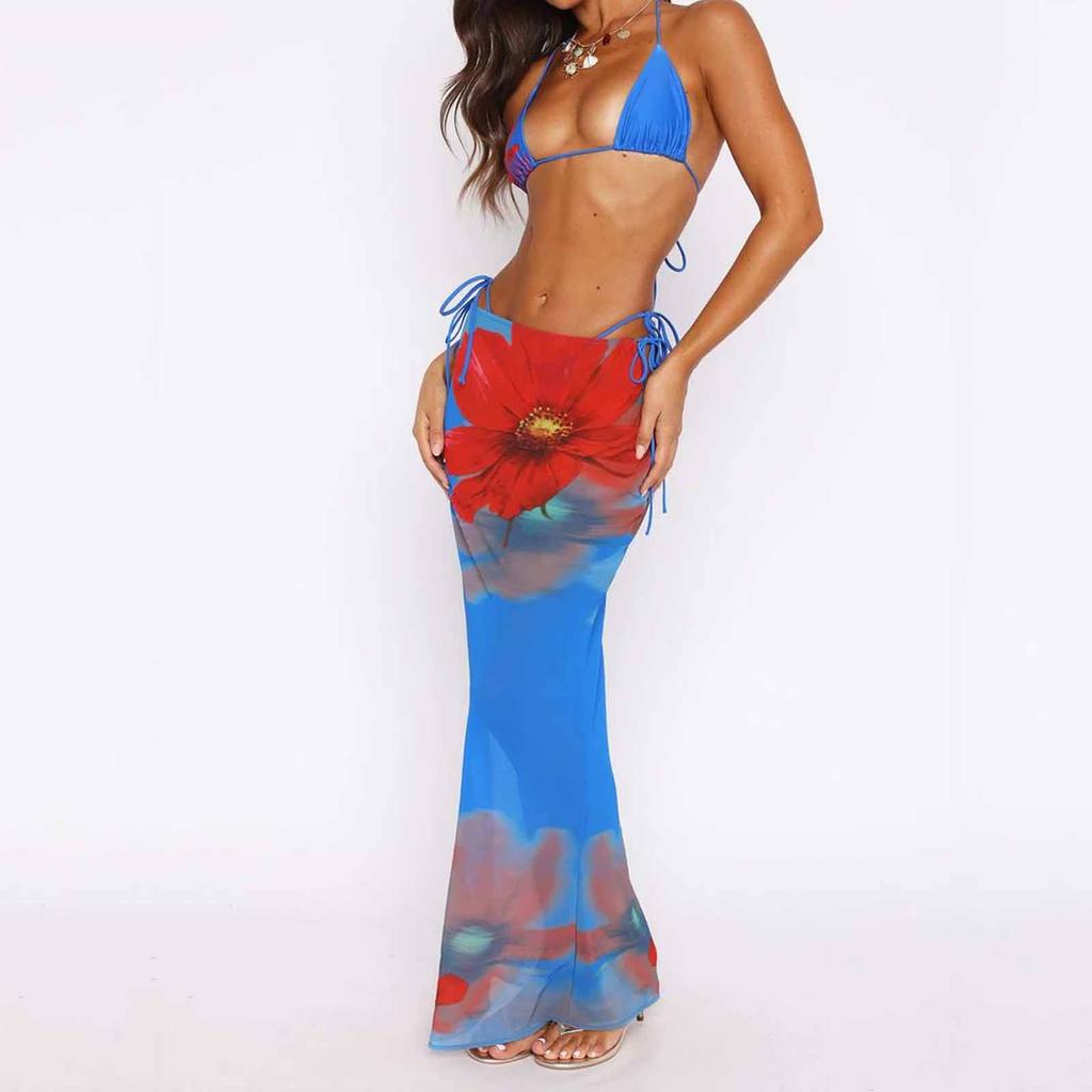 Three Piece Bikini Set with Top Adjustable Tie Bottoms and Sheer Mesh Cover Up Dress Large Floral Print