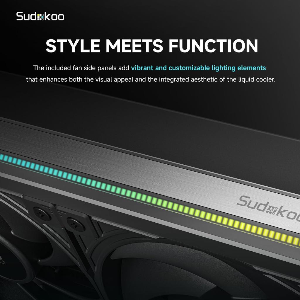 Sudokoo ENERGLO 360 Liquid Cooler: 360mm AIO CPU Cooler with Data Display & PWM Pump - 3 x 120mm Black Water Cooling Units, Compatible with Intel LGA