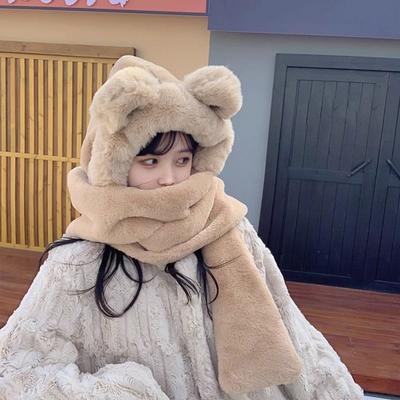Winter Thickened Warm Plush Hat with Bear Ears Super Soft Cold Weather Prevention All-in-One Scarf Hat for Women