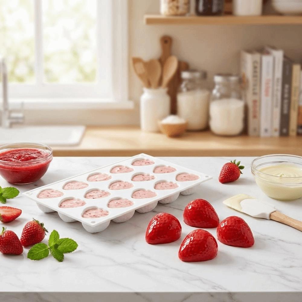 15 Cavities Trawberry Mousse Cake Mold 3D Design Realistic Fruit Fruit Silicone Mold Reusable Food Grade Candy Cookie Mould