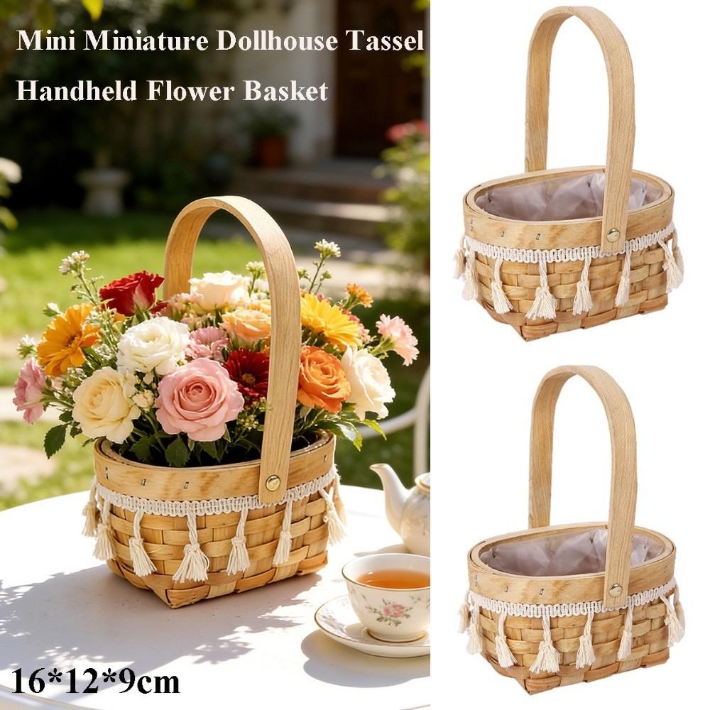 Mini Miniature Dollhouse Basket Handmade Tassel Style Hand Woven Basket DIY Paper Vine Handheld Flower Basket