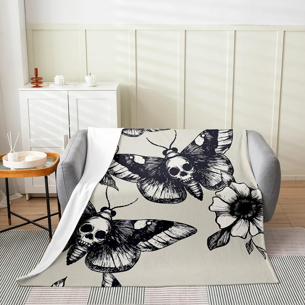 Death Moth Throw Blanket for Boys Girls Adult,Gothic Death Skull Flannel Blanket Lightweight Warm Baby,Youth Bohemian Fleece Blanket Ultra S