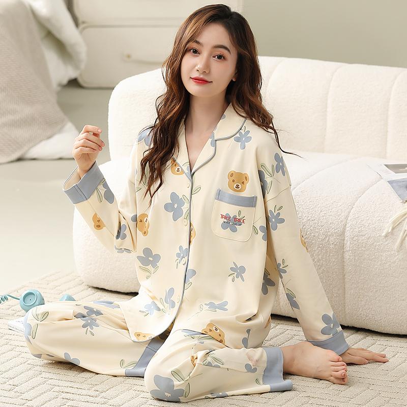 Blue Pajamas Set White Tulip Sweet Long Sleeves Long Pants Autumn Winter Cute Sleepwear Cozy Pyjamas Soft Pijamas Lady Pjs Girls