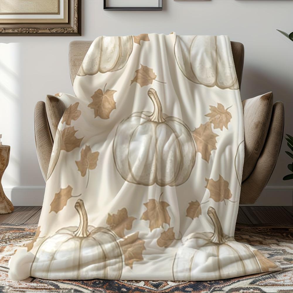 All Season Flannel Blanket Soft Cozy Autumn Throw Pillow Pumpkin Prints Orange Beige Brown Warm Decoration Machine Washable