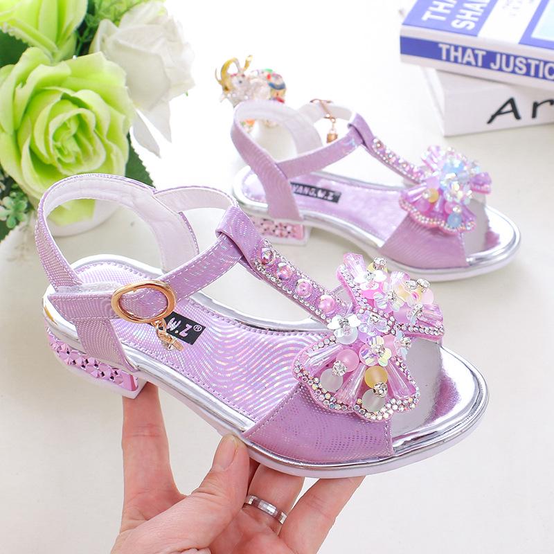 Girls Princess Shoes Non-slip Soft Sole Kids Dance Shoes T-strap Open Toes 2025 Summer New Children Sandals Sweet Bows Non-slip