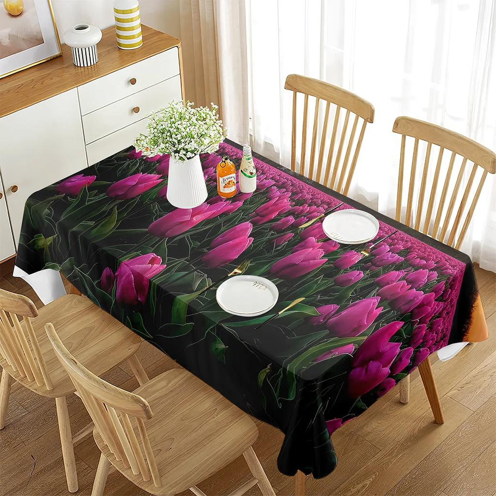 Tulip Tablecloth 3D Pink Flower Plant Pattern Table Cover Rectangle for Kitchen Living Room Dining Room Home Picnic Decoration
