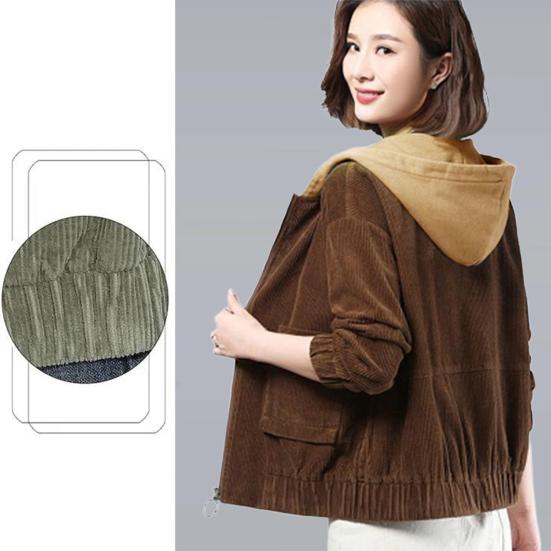 Fall Spring Women Corduroy Jacket Patch Pockets Hooded Loose Colorblock Elastic Cuffs And Hem Streetwear Office And Leisure Coat